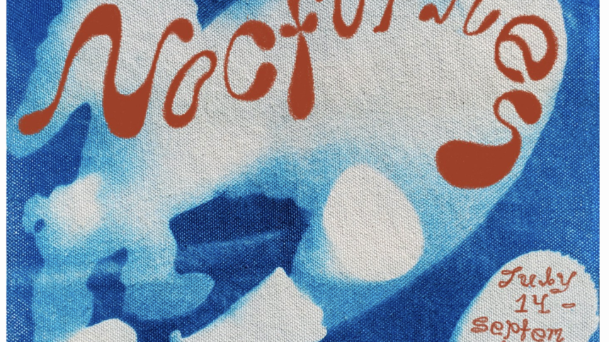 a flyer graphic made from a cyanotype fabric print - a white horse-like figure floating among shapes on a blue background. wavy red letters spell "Nocturnes. 1505 Tennesse St. Vallejo, CA. July 14 - September 1."